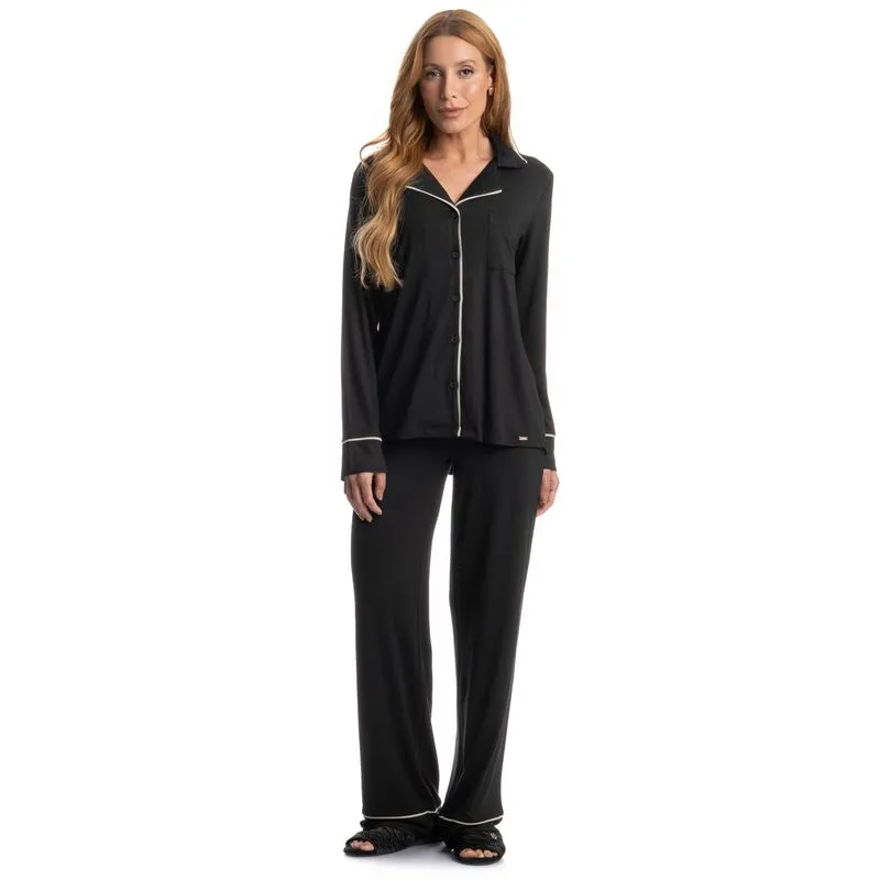 Pijama Feminino Longo Americano Carolina Preto/P