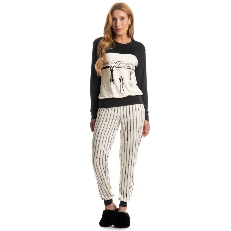 Pijama Feminino Longo Xadrez Preto/GG