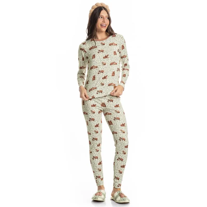 Pijama Feminino Longo Slim Capivara Branco/P