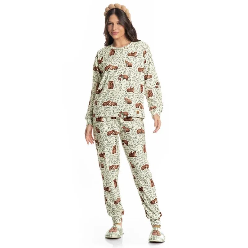 Pijama Feminino Longo Velvet Capivara Branco/M