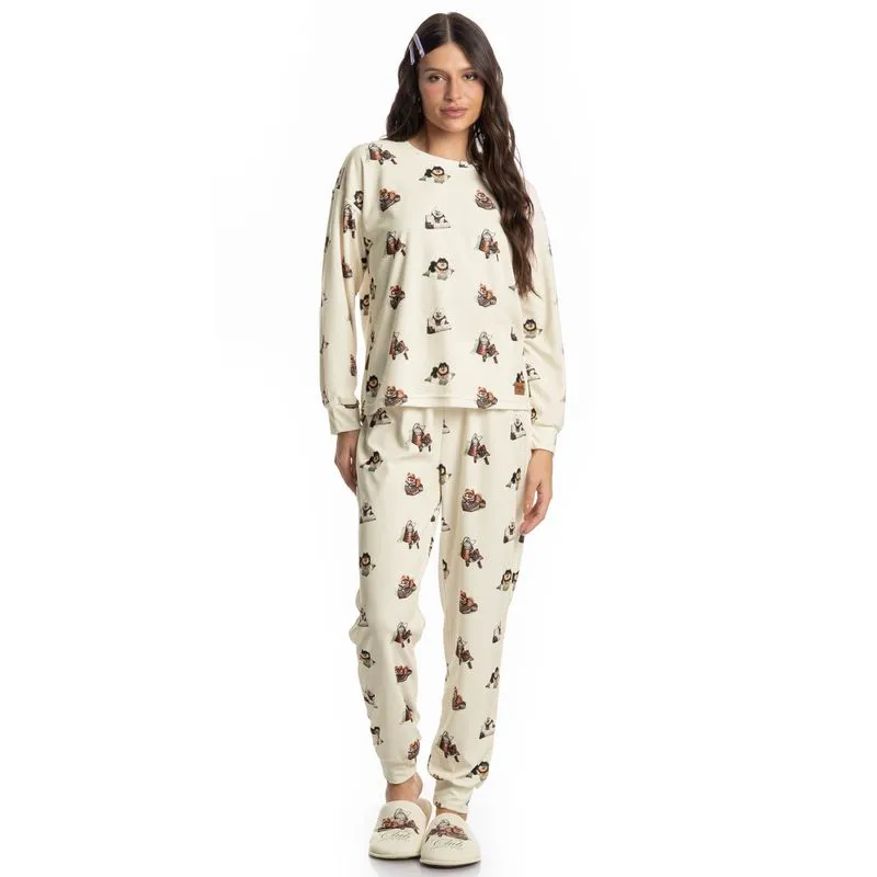 Pijama Longo Velvet Country Moka Branco/P