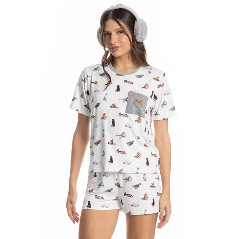 Pijama Curto Cats Branco/P