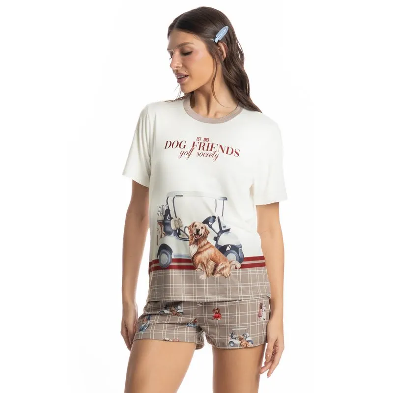 Pijama Feminino Curto Dogs Golf Bege/M