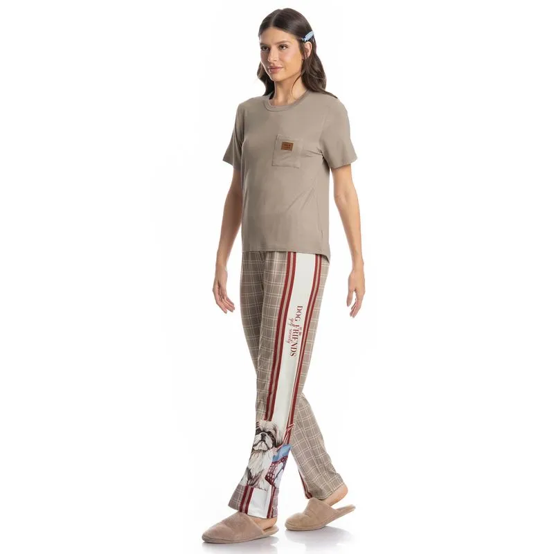 Pijama Feminino Longo Manga Curta Dogs Golf Bege/GG