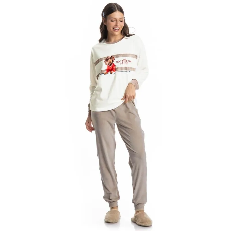 Pijama Feminino Longo Velvet Dogs Golf Bege/GG