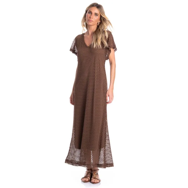 Vestido Feminino Longo Com Combinete Trama Marrom/G