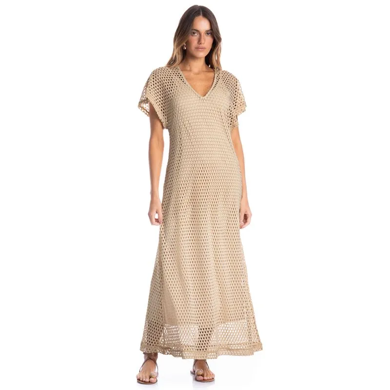 Vestido Feminino Longo Com Combinete Trama Bege/G