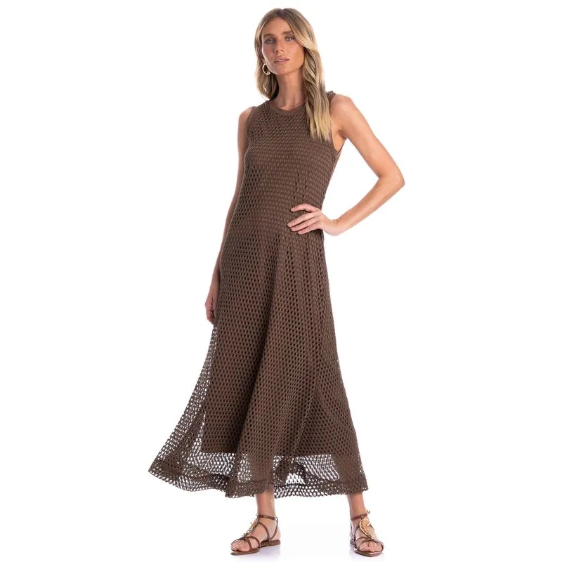 Vestido Feminino Regata Evasê Trama Marrom/G
