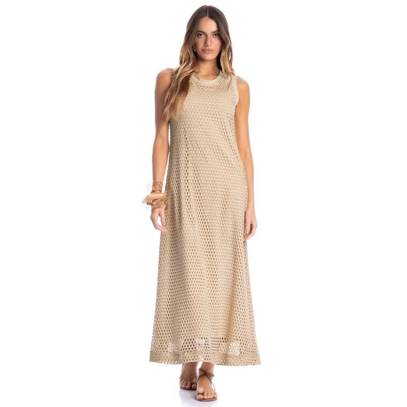 Vestido Feminino Regata Evasê Trama Bege/G