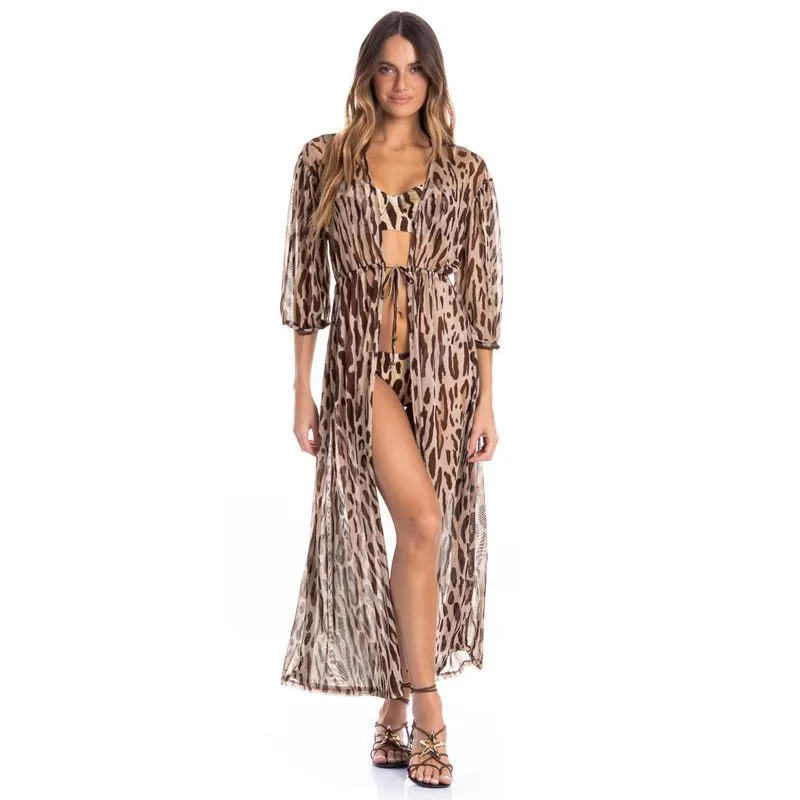 Kaftan Tule Com Manga Onça Marrom/M