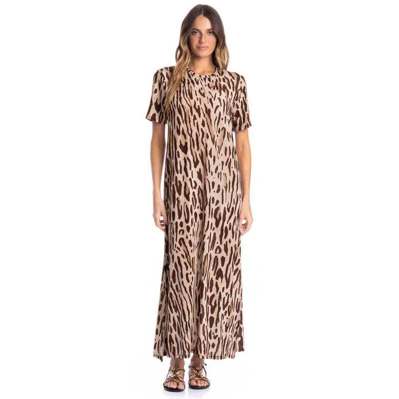 Vestido Feminino Com Manga Onça Marrom/P