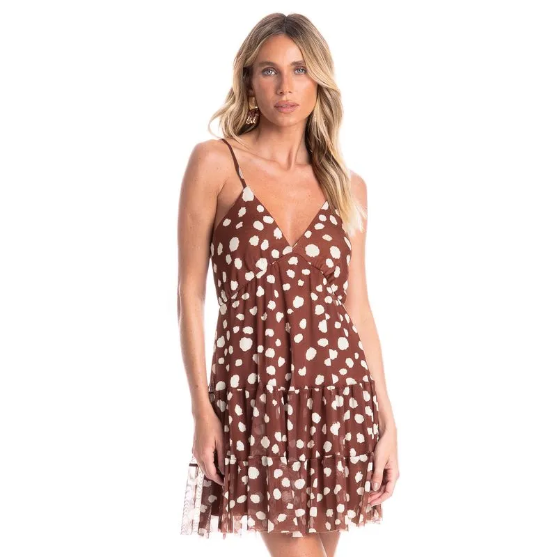 Vestido Alcinha Em Tule Curto Poá Marrom/G