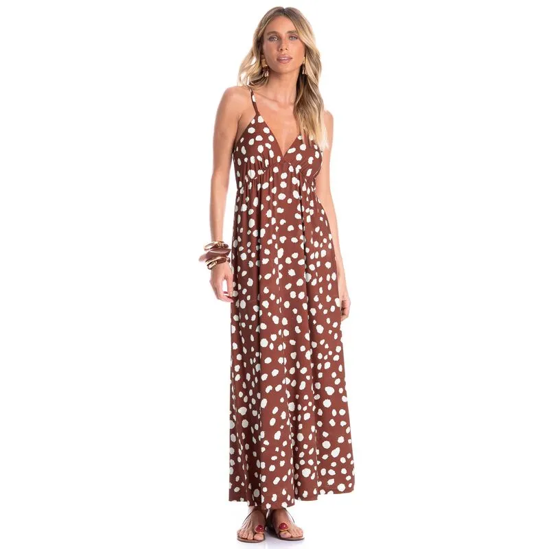 Vestido Feminino Longo Poá Marrom/G