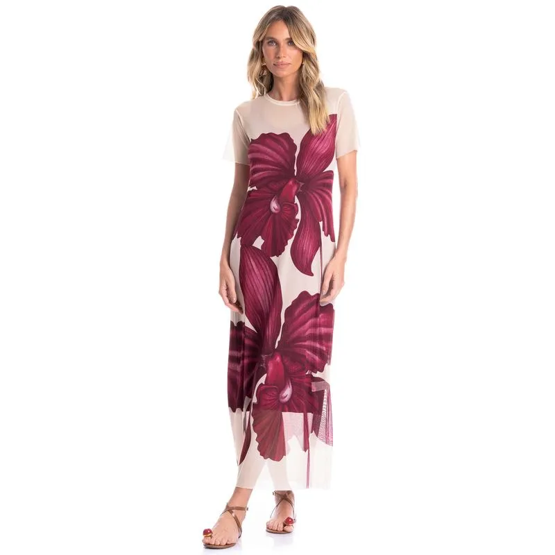 Vestido Em Tule Com Manga E Combinete Floral Rosa/G