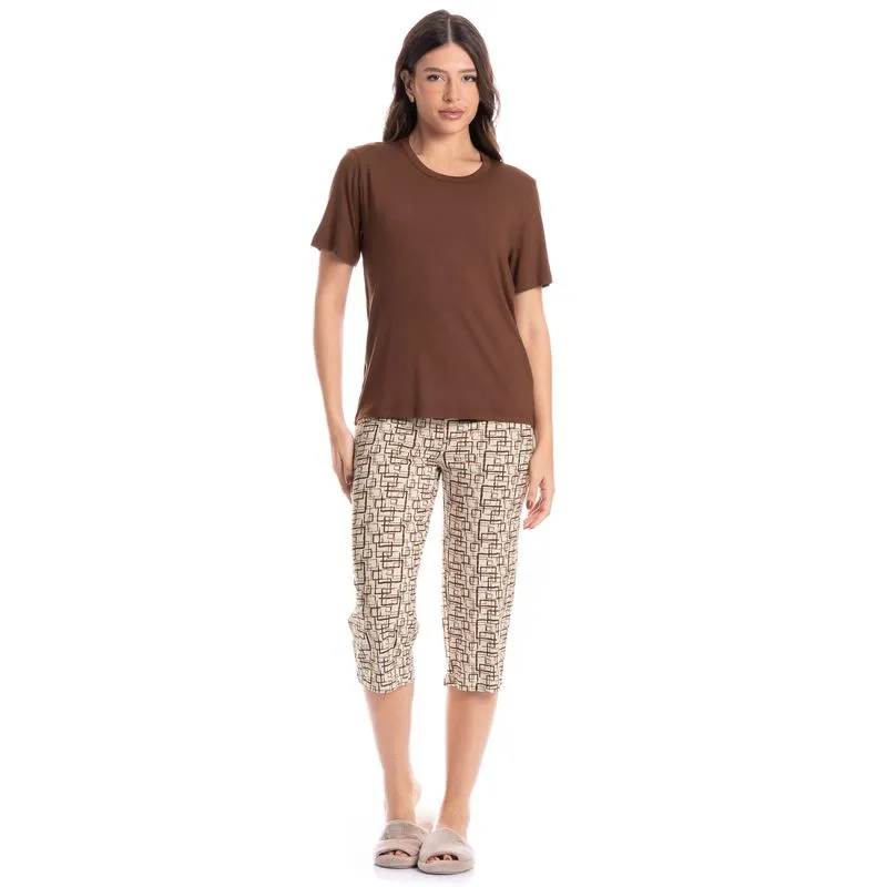 Pijama Feminino Pescador Grid Marrom/GG