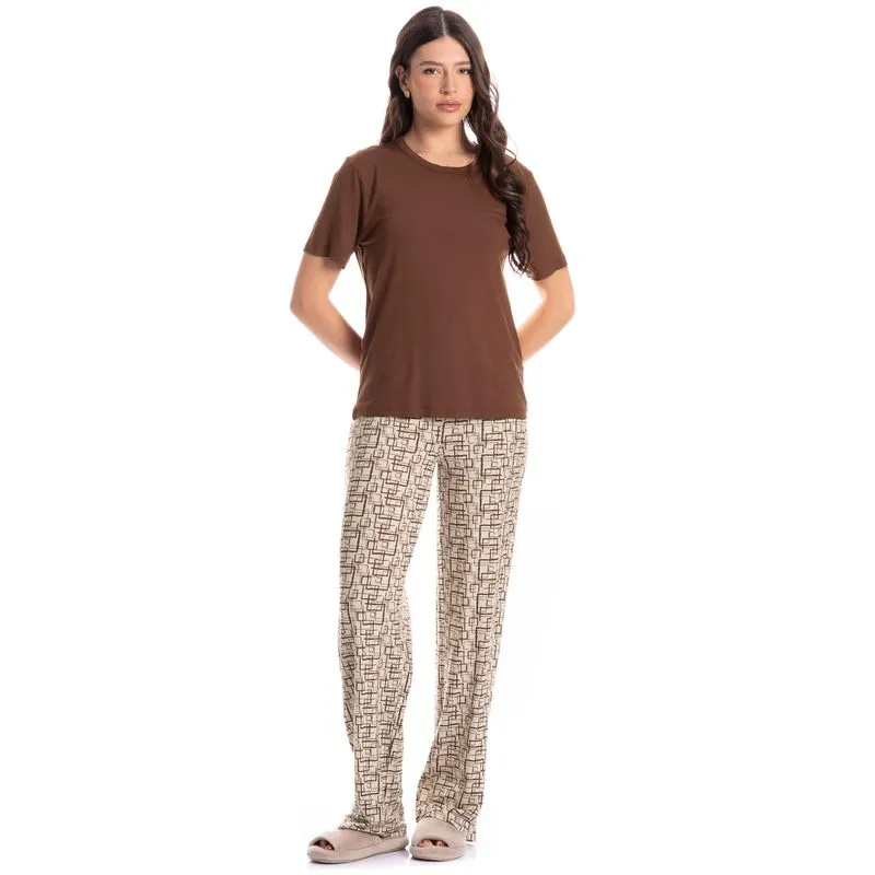Pijama Feminino Longo Grid Marrom/G
