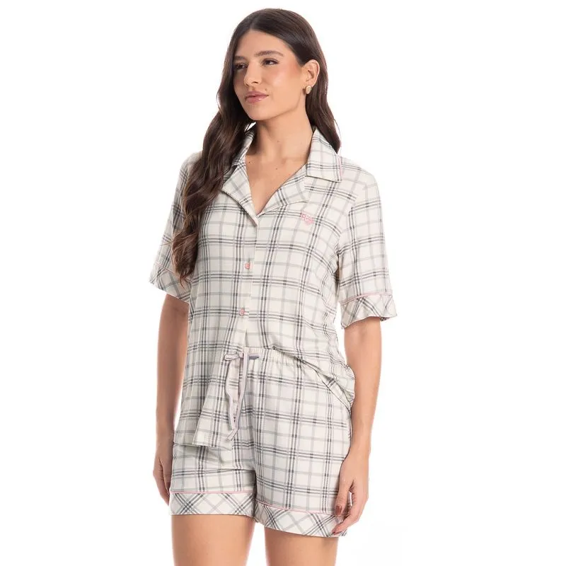 Pijama Feminino Curto Americano Chess Cinza/P