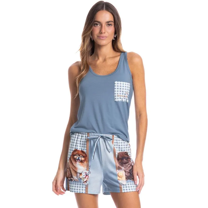 Pijama Feminino Curto Regata Fresh Moka Azul-2/G