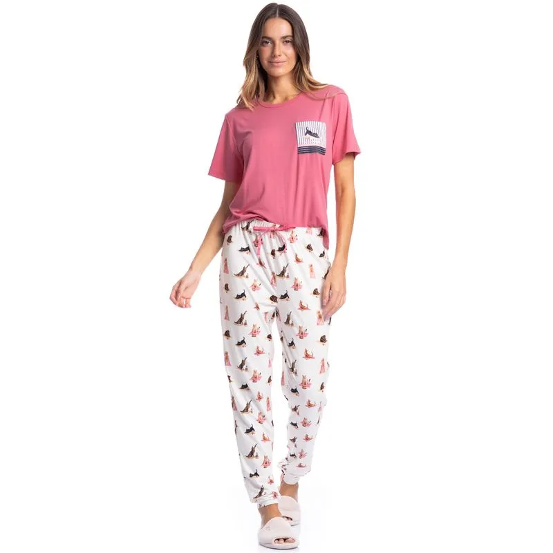 Pijama Feminino Longo Manga Curta Cats Yoga Branco/P