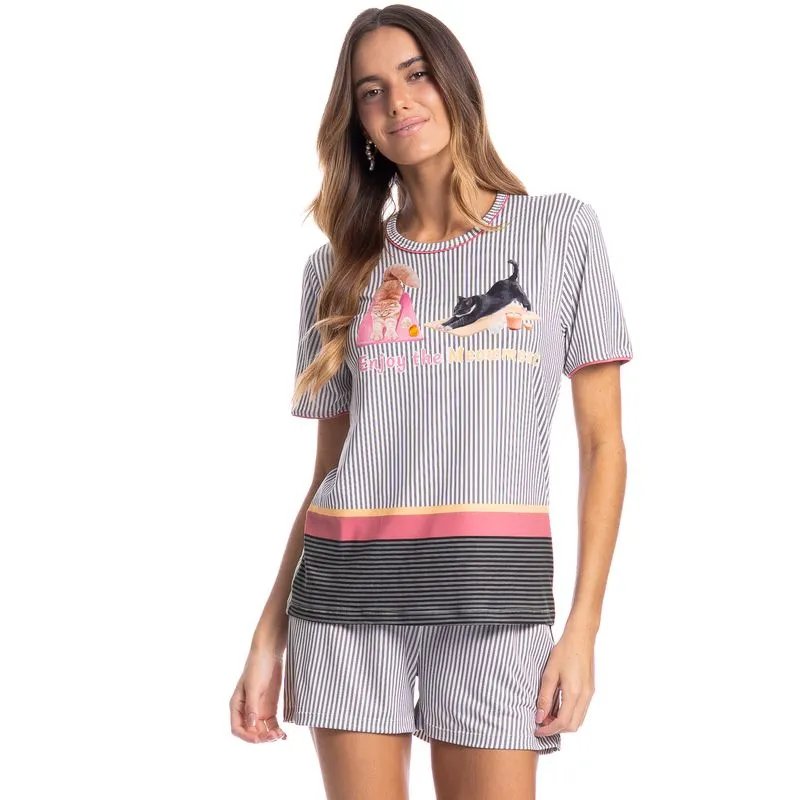Pijama Feminino Curto Cats Yoga Branco/M