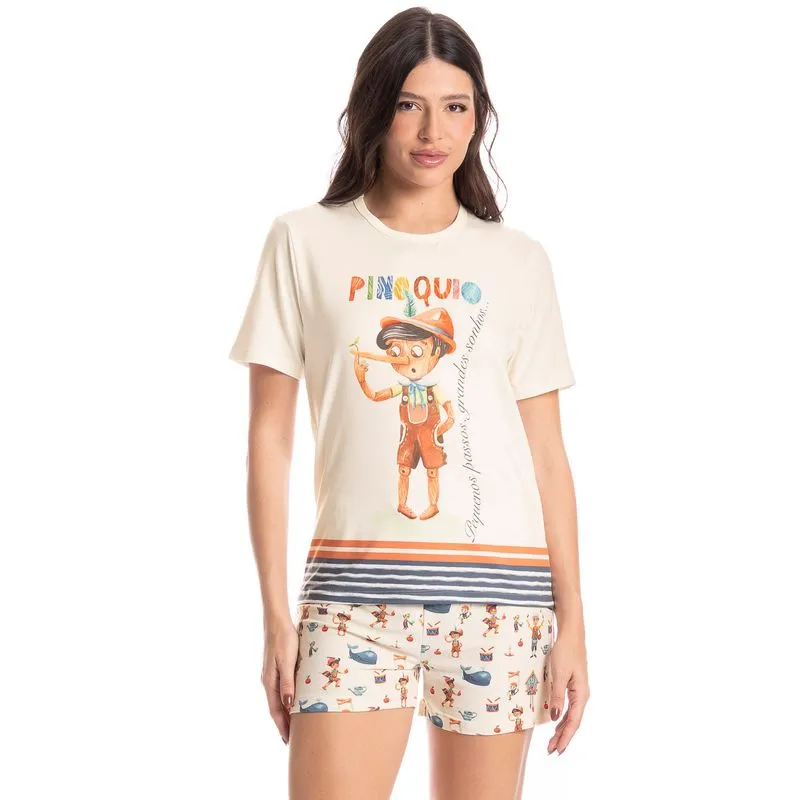 Pijama Feminino Curto Pinóquio Branco/M