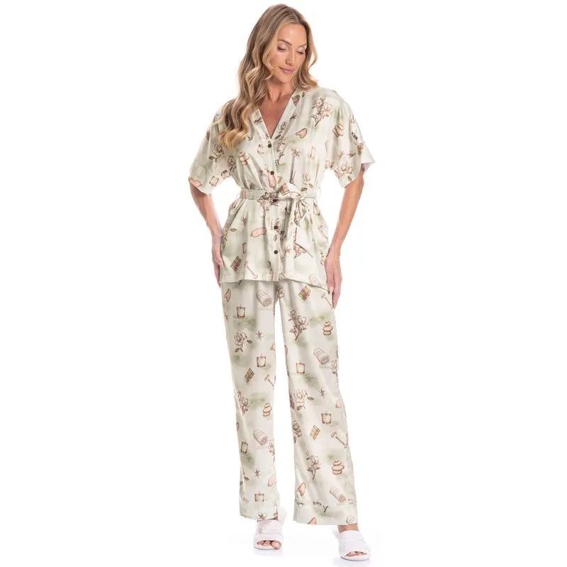 Pijama Americano Feminino Longo Manga Curta Com Faixa Spa Verde/P