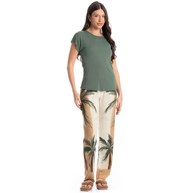 Pijama Feminino Longo Manga Curta Coqueiros Verde/M