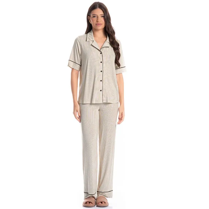 Pijama Americano Feminino Longo Manga Curta Ginger Marrom/P