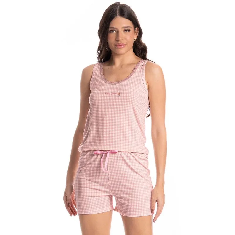 Pijama Feminino Curto Regata Vichy Rosa-3/P