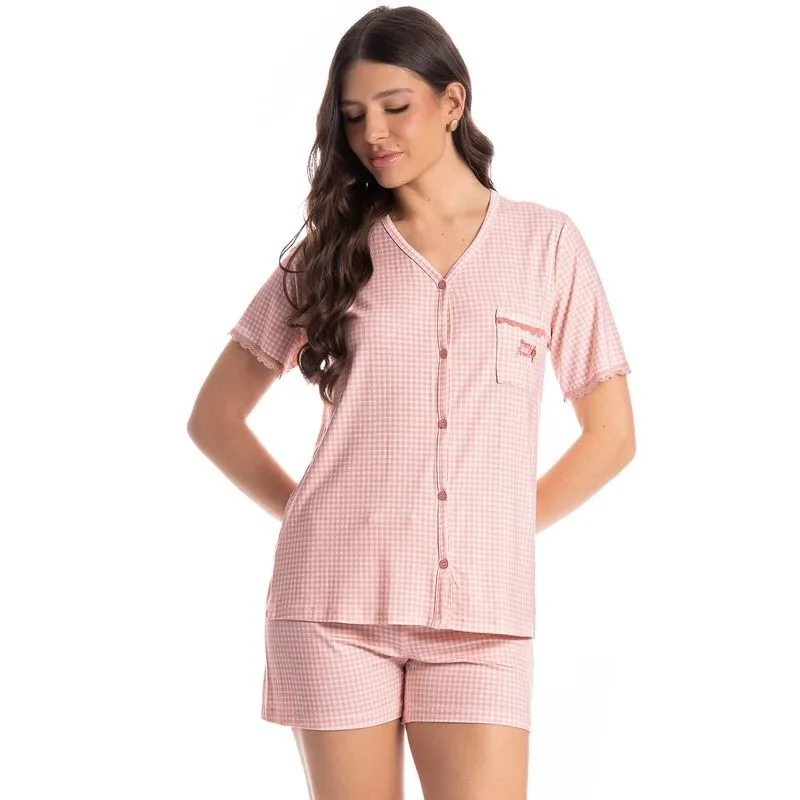 Pijama Americano Feminino Curto Vichy Rosa-3/G