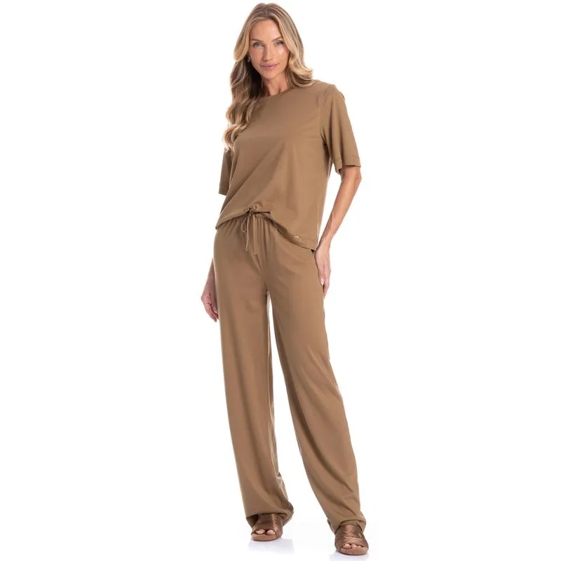 Conjunto Feminino Longo Manga Curta Sofia Marrom/GG