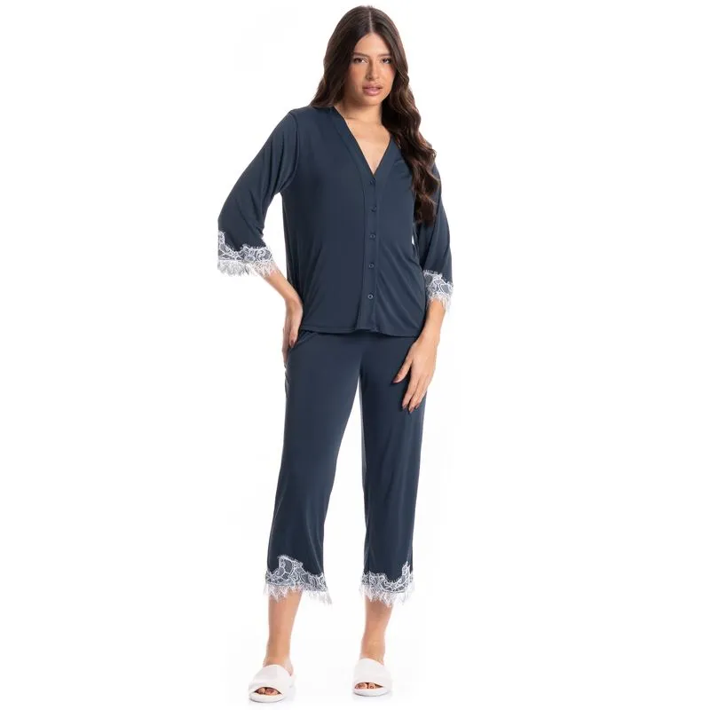 Pijama Americano Feminino Curto Lari Azul Marinho/M