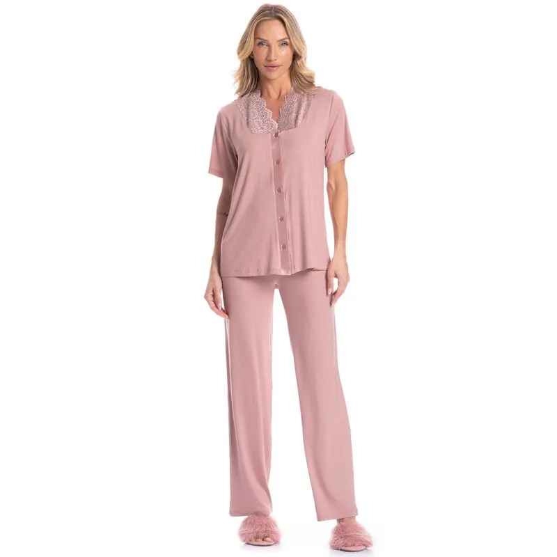 Pijama Americano Longo Feminino Laise Rosa-3/M