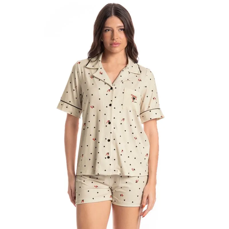 Pijama Americano Feminino Curto Corações Branco/P