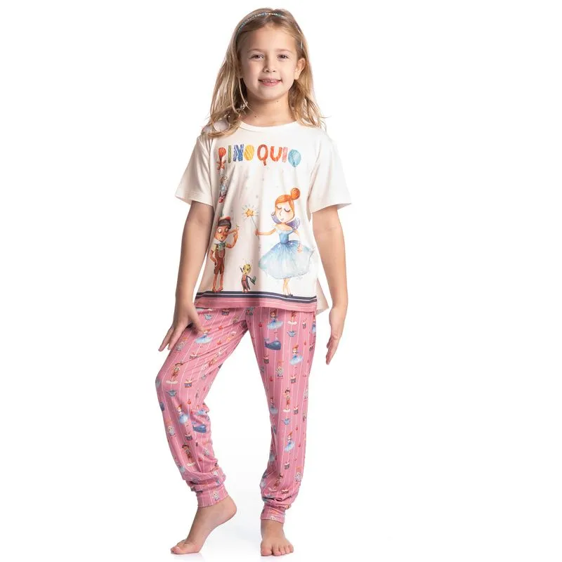 Pijama Infantil Longo Manga Curta Fada Rosa-2/14