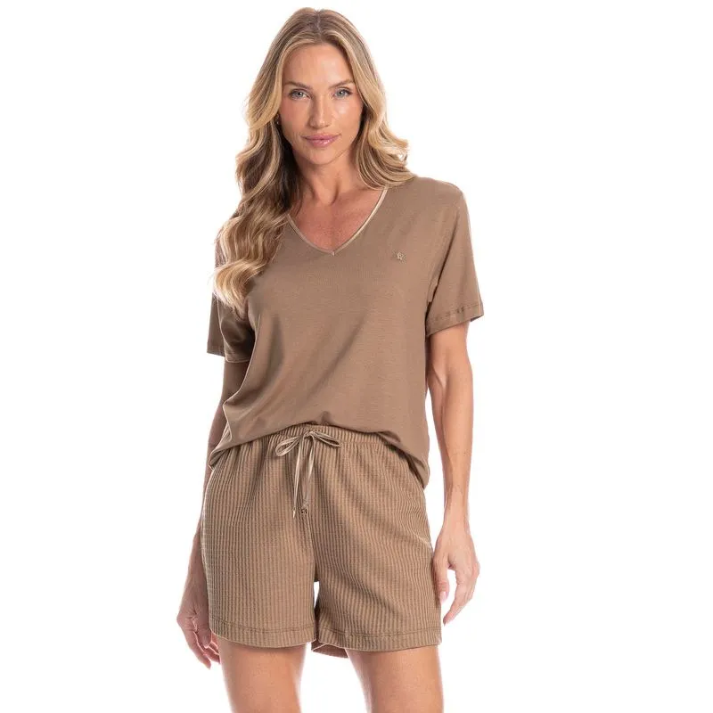 Pijama Feminino Curto Piquet Marrom/M