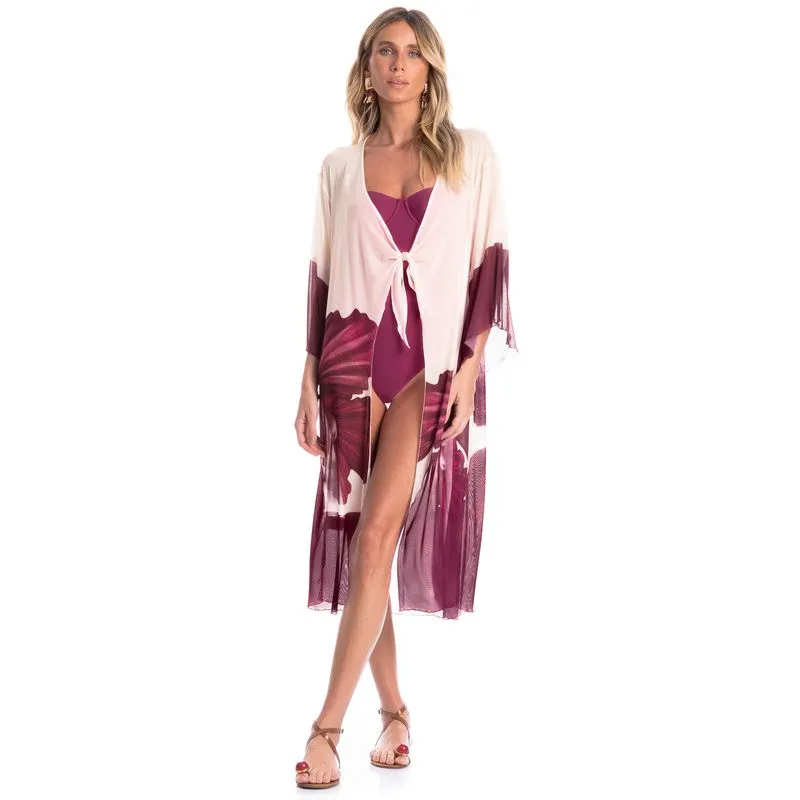 Kaftan De Tule Com Manga Floral Rosa/TU