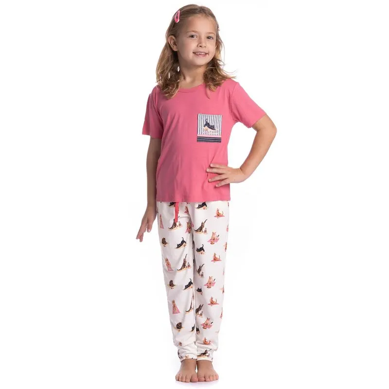 Pijama Infantil Longo Manga Curta Cats Yoga Branco/04