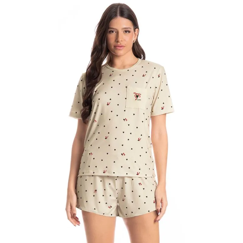 Pijama Feminino Curto Corações Branco/PP