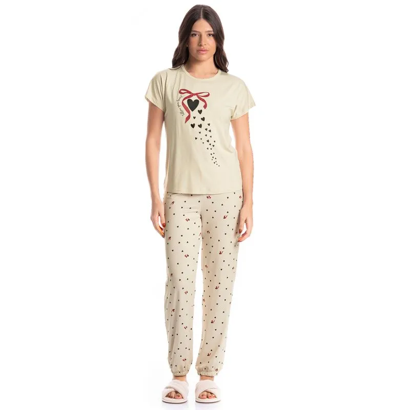 Pijama Feminino Manga Curta Longo Corações Branco/PP