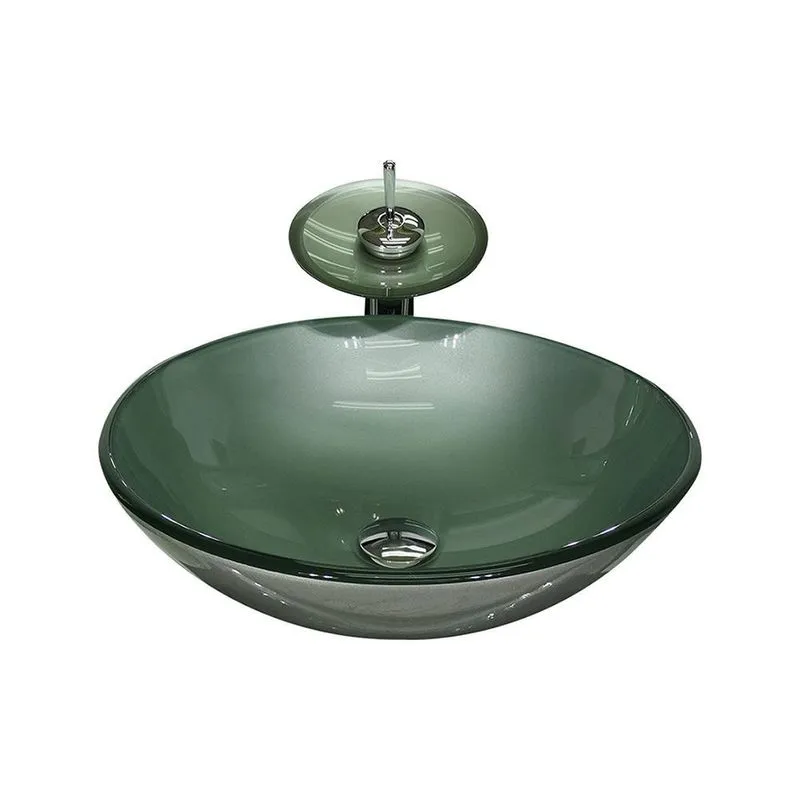 Cuba Vidro Redonda 42cm Prata + Válvula + Torneira Cascata