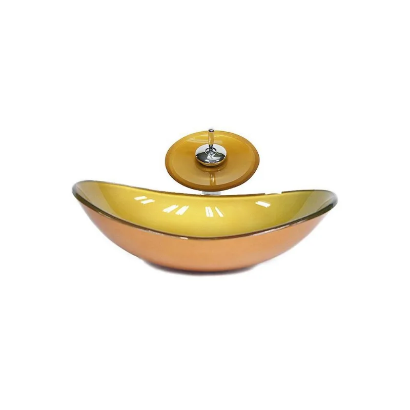Cuba De Vidro Oval 47cm Dourado Real + Válvula + Torneira