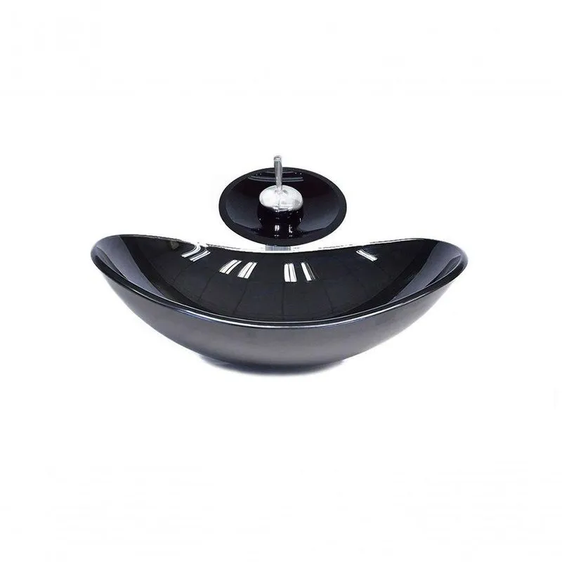 Cuba De Vidro Oval 47cm Preta + Valvula + Torneira Cascata