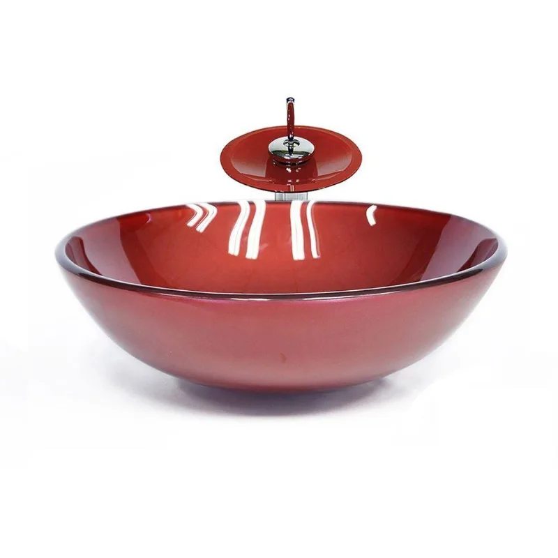 Cuba Redonda 42cm Vermelho Cereja+Valvula+Torneira Cascata