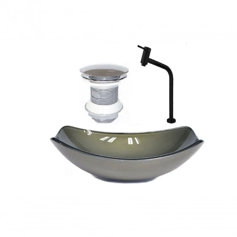 Cuba de Vidro Oval 51cm Ouro + Valvula + Torneira Preta