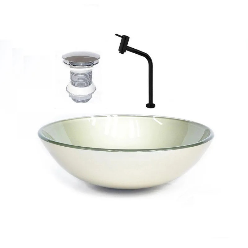 Cuba de Vidro Redonda 31cm Champanhe + Valvula + Torneira Preta