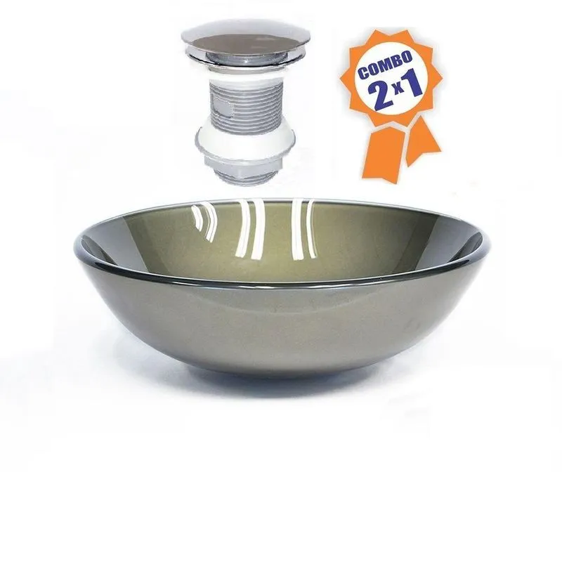 Cuba De Vidro Redonda 35cm Ouro Envelhecido + Válvula Click