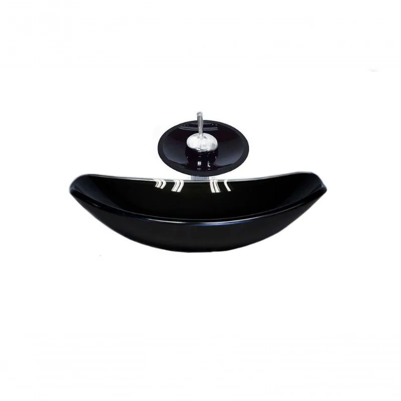 Cuba De Vidro Oval 46cm Preta + Valvula + Torneira Cascata