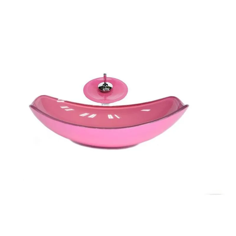 Cuba De Vidro Oval Chanfrada 46cm Rosa + Válvula + Torneira