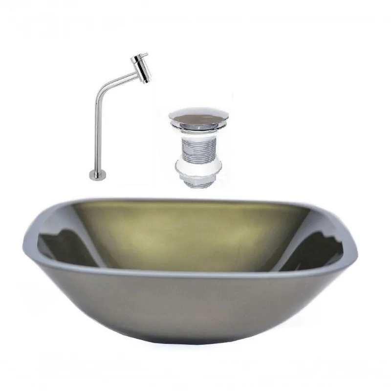 Cuba de Vidro Quadrada 35cm Ouro + Valvula + Torneira